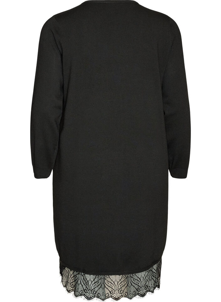 Kort strikkjole med blondekant, Sort, Packshot image number 1