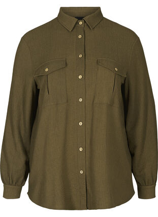 Struktureret skjorte med brystlommer, Dark Green ASS, Packshot image number 0