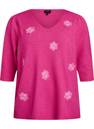 Strikket bluse med broderede blomster, R. Rose Mel. Comb