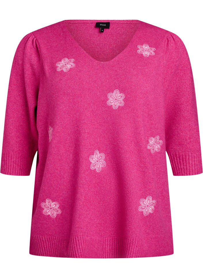 Strikket bluse med broderede blomster, R. Rose Mel. Comb, Packshot image number 0