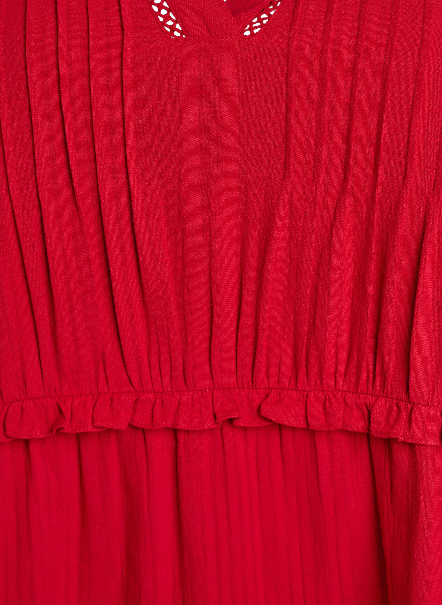 Zizzi Kjole i bomuld med 3/4 &aelig;rmer og fl&aelig;ser, R&oslash;d, Packshot image number 2