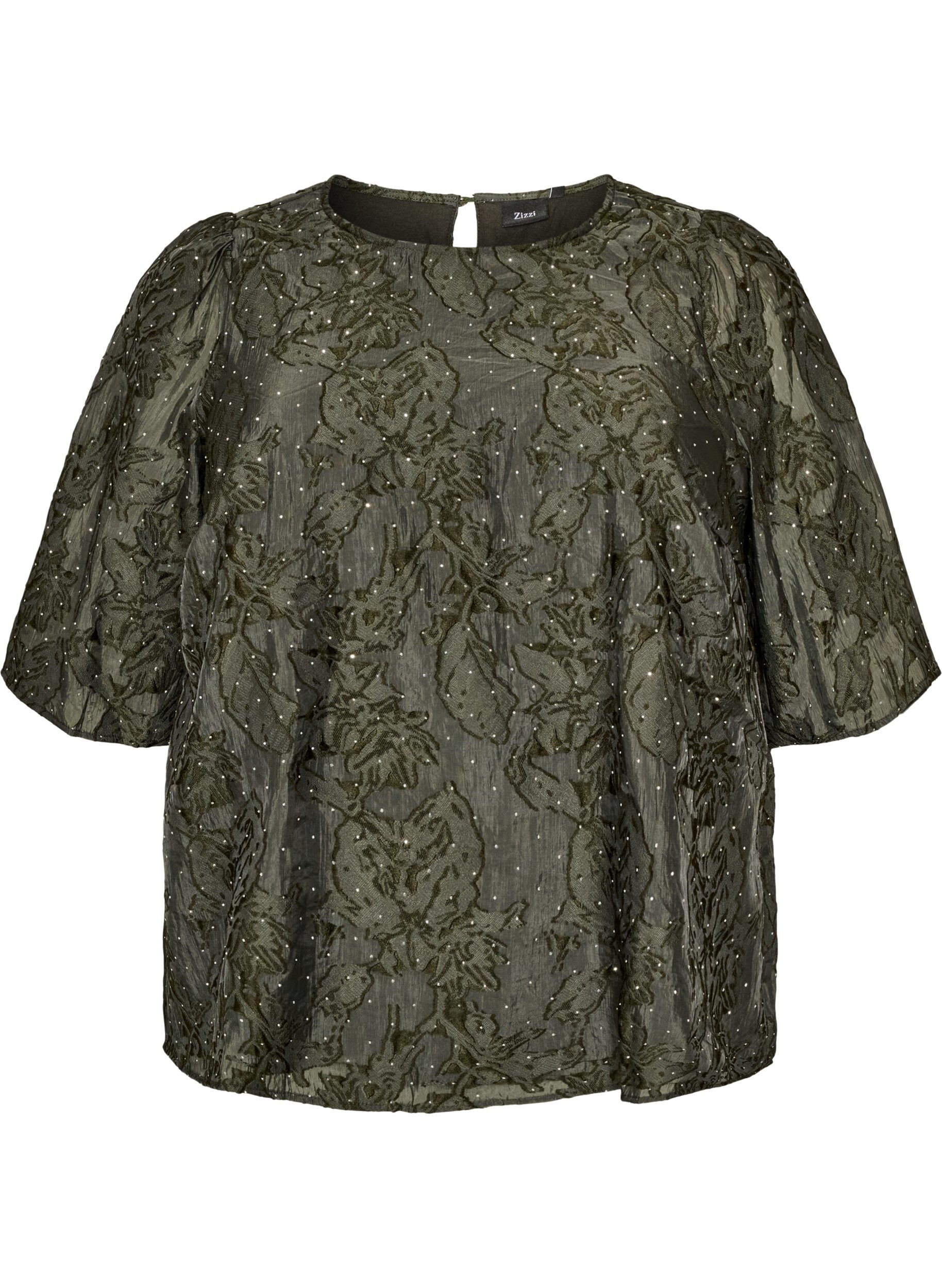 ZizziJacquardbluse med glimtende detaljer og puf&aelig;rmer, Gr&oslash;n, Packshot image number 0