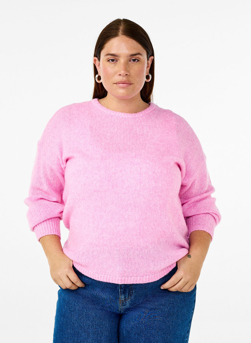 Langærmet strikbluse med uld og rund hals, Begonia Pink Mel., Model image number 0
