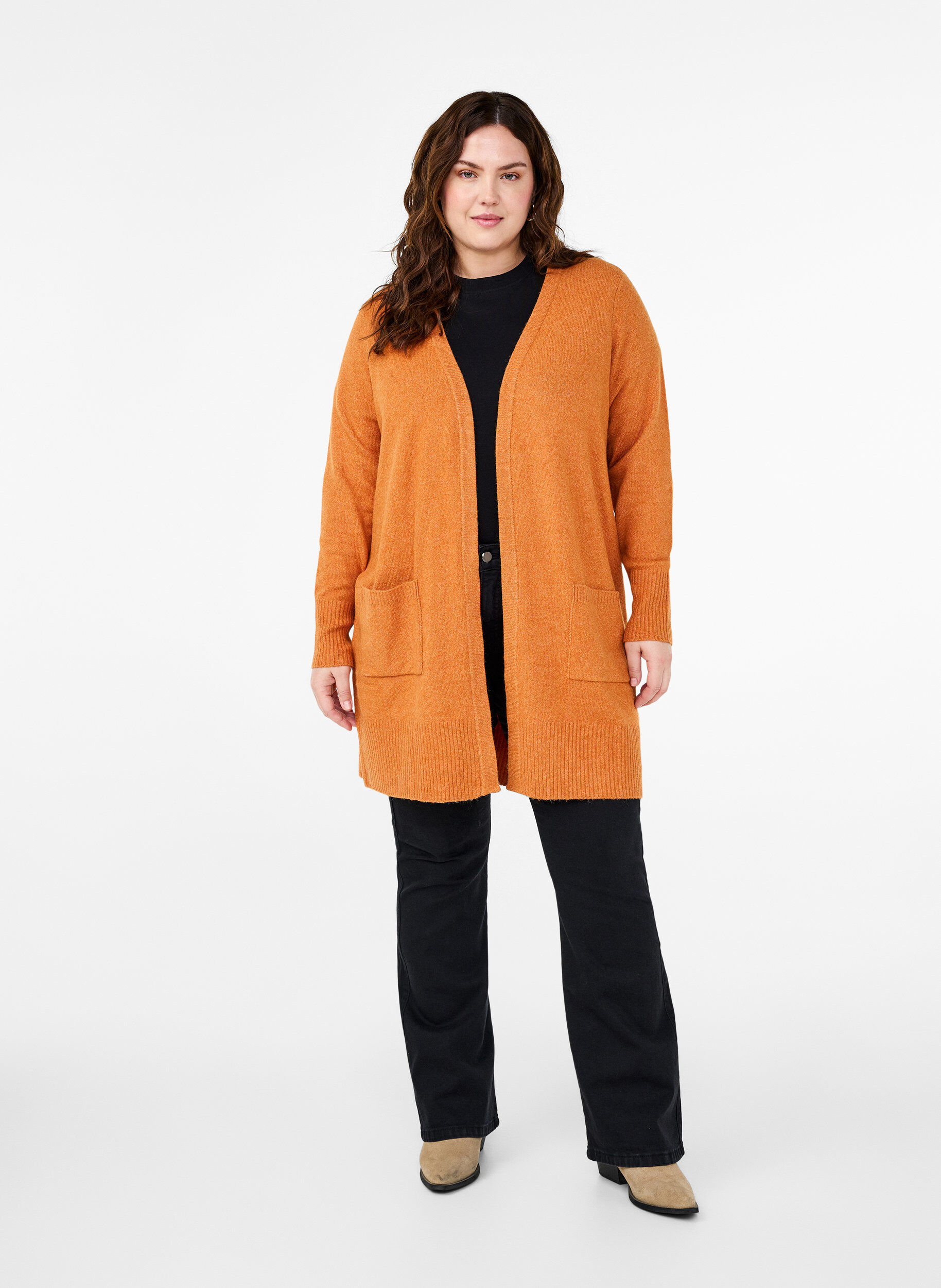 Zizzi Meleret strik cardigan med lommer, Orange, Model image number 1