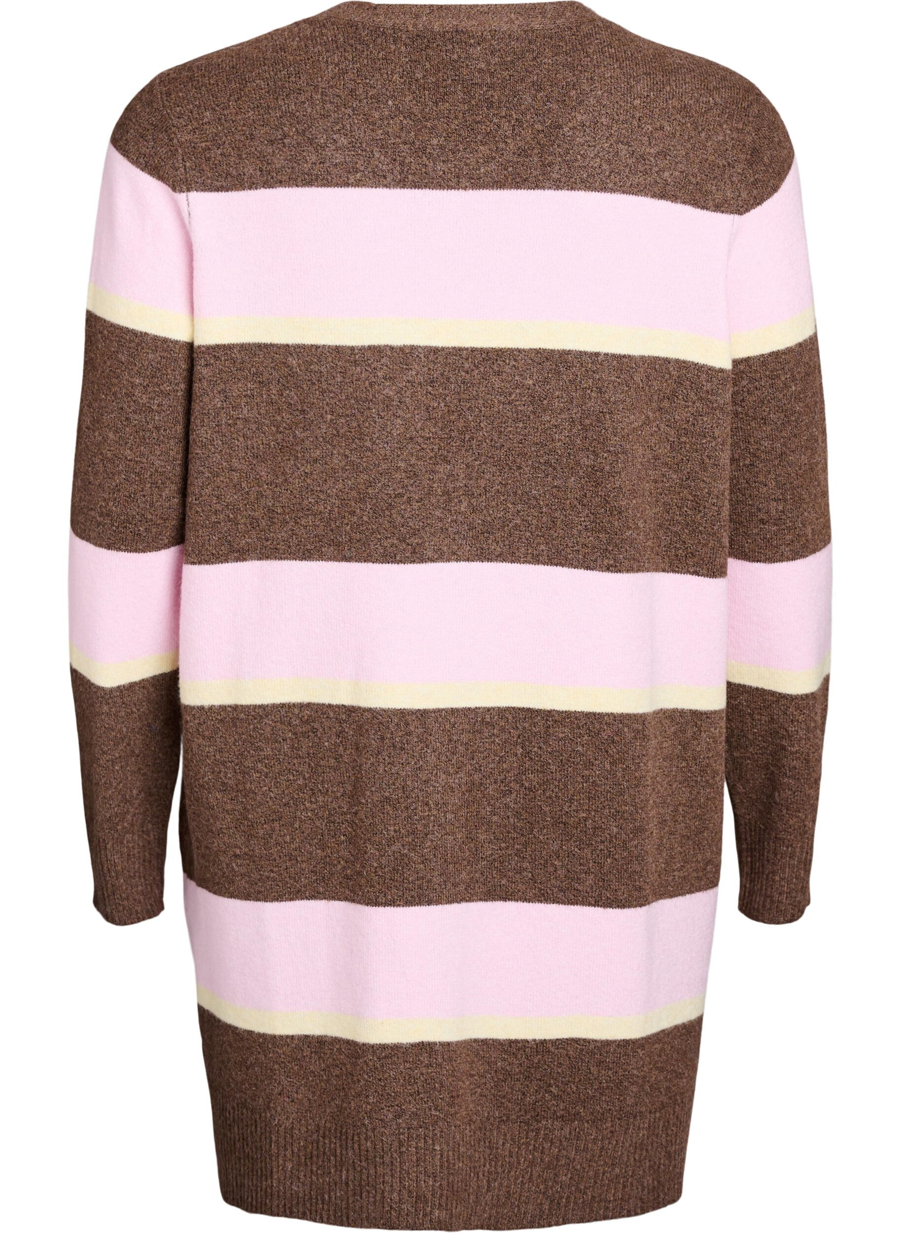 Zizzi Lang strikcardigan med brede striber, Brun, Packshot image number 1