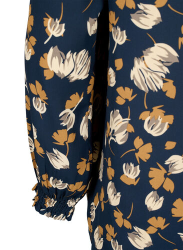 FLASH - Langærmet bluse med smock og print, Navy Brown Flower, Packshot image number 3