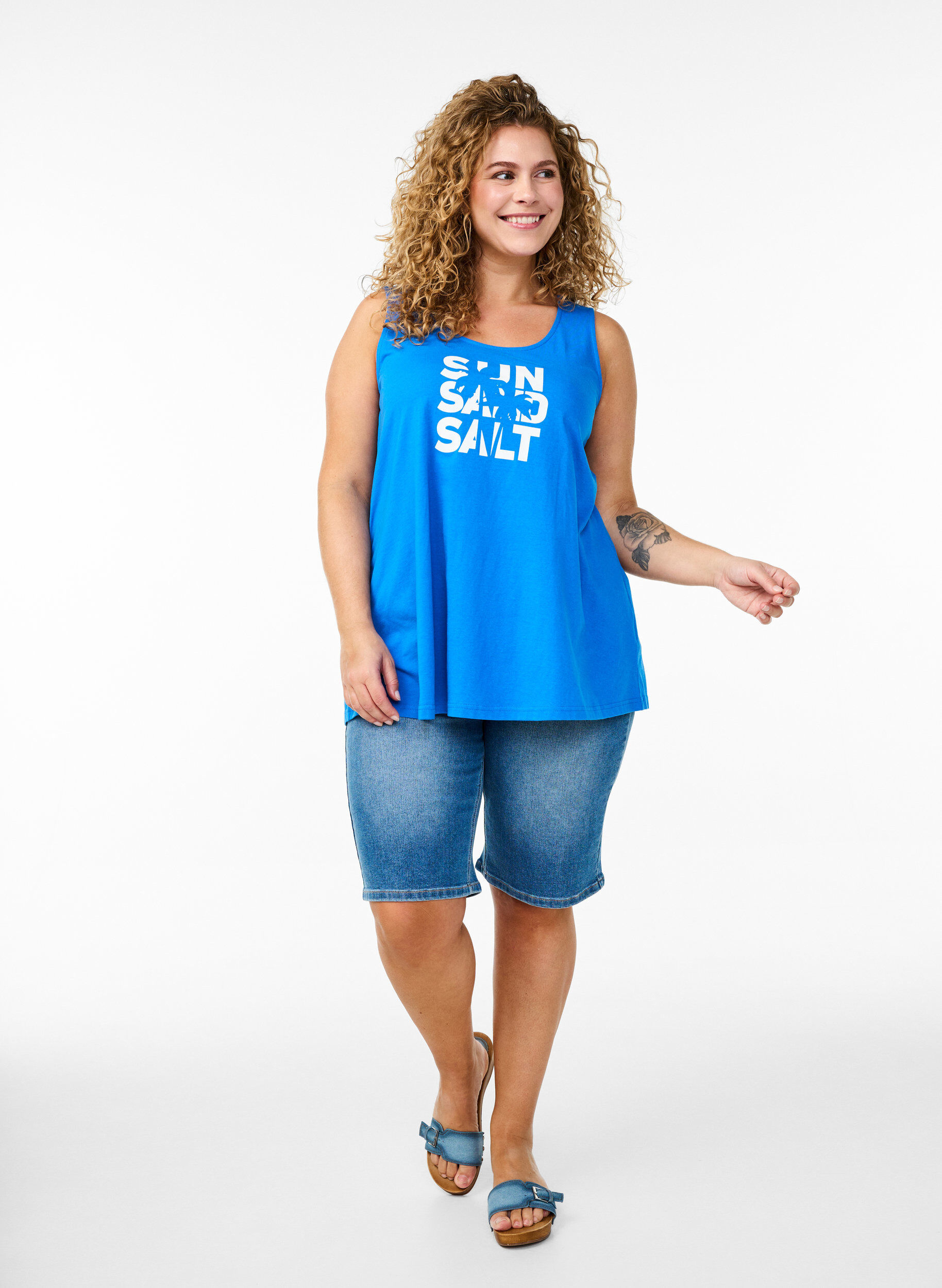 Zizzi Bomuldstop med a-form, Bl&aring;, Model image number 1