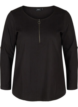 Bomulds bluse med lynlås detalje, Black, Packshot image number 0