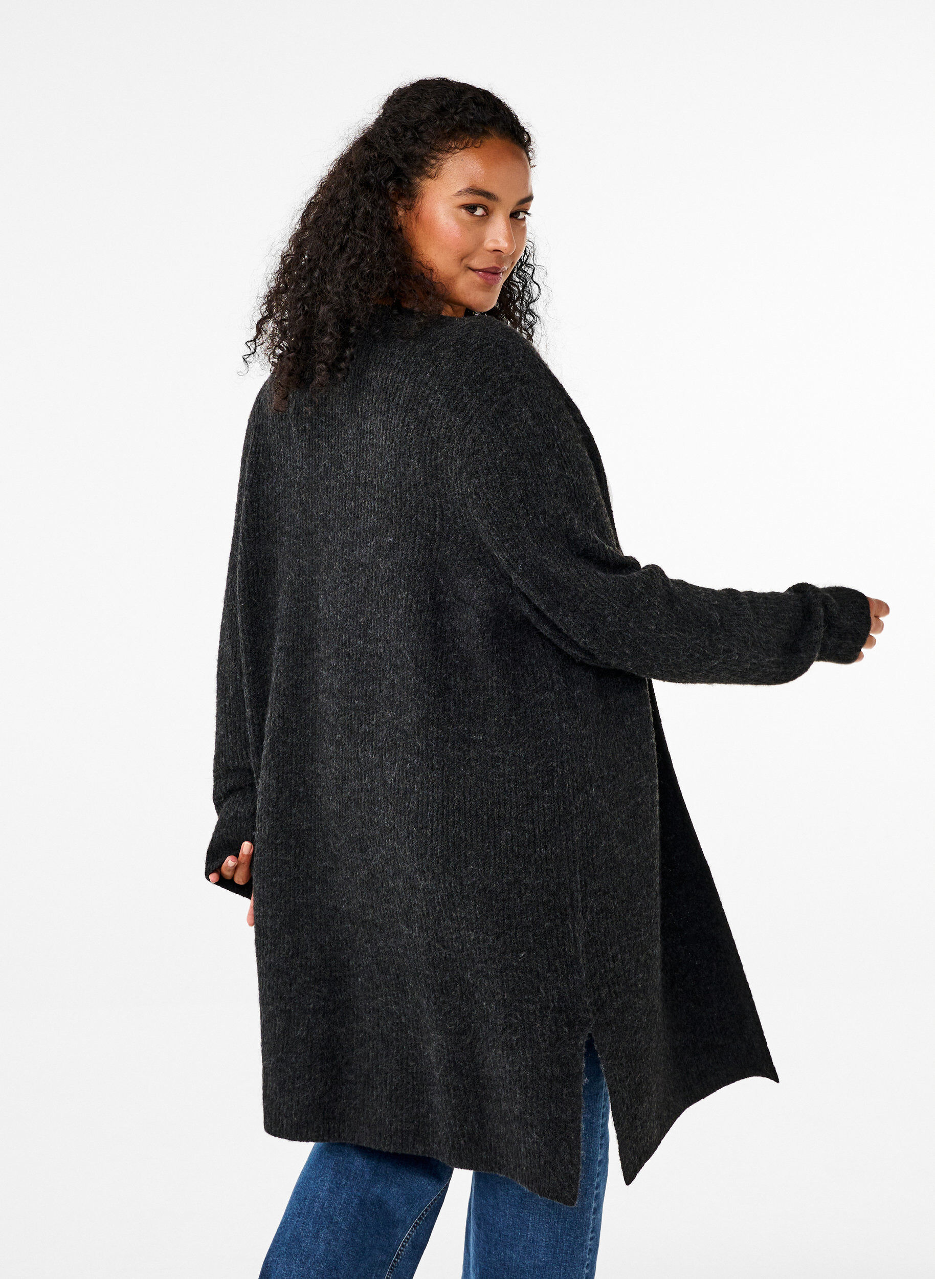 Zizzi FLASH - Ribstrikket cardigan med slidser, Dark Grey Melange, Model image number 1
