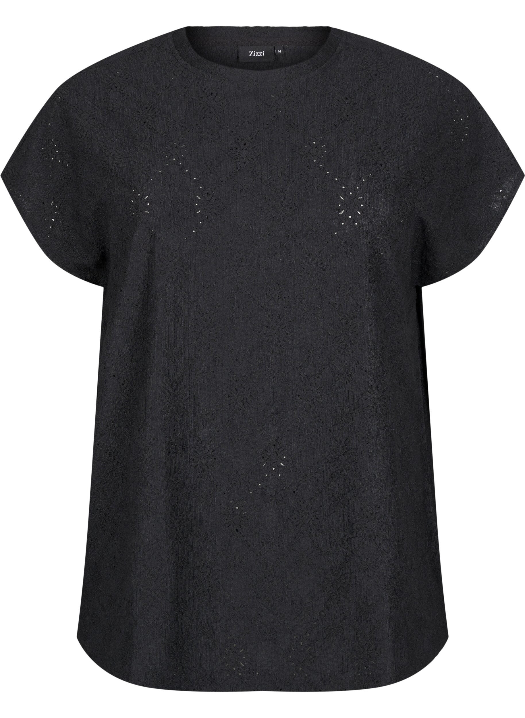 Zizzi Bluse med korte &aelig;rmer og blomsterbroderi, Black, Packshot image number 0