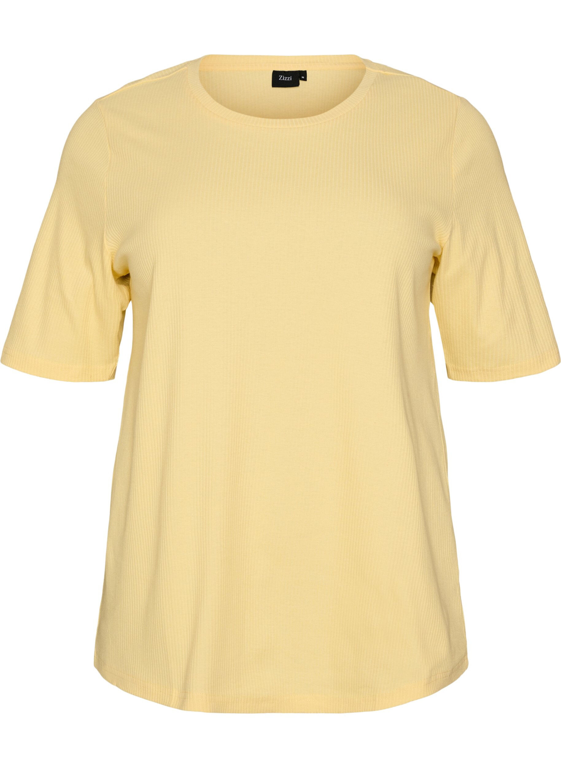 ZizziRibbet jerseybluse med korte &aelig;rmer, Gul, Packshot image number 0