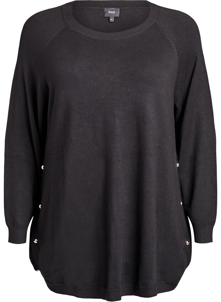 Strikbluse med knapper i siden, Sort, Packshot image number 0