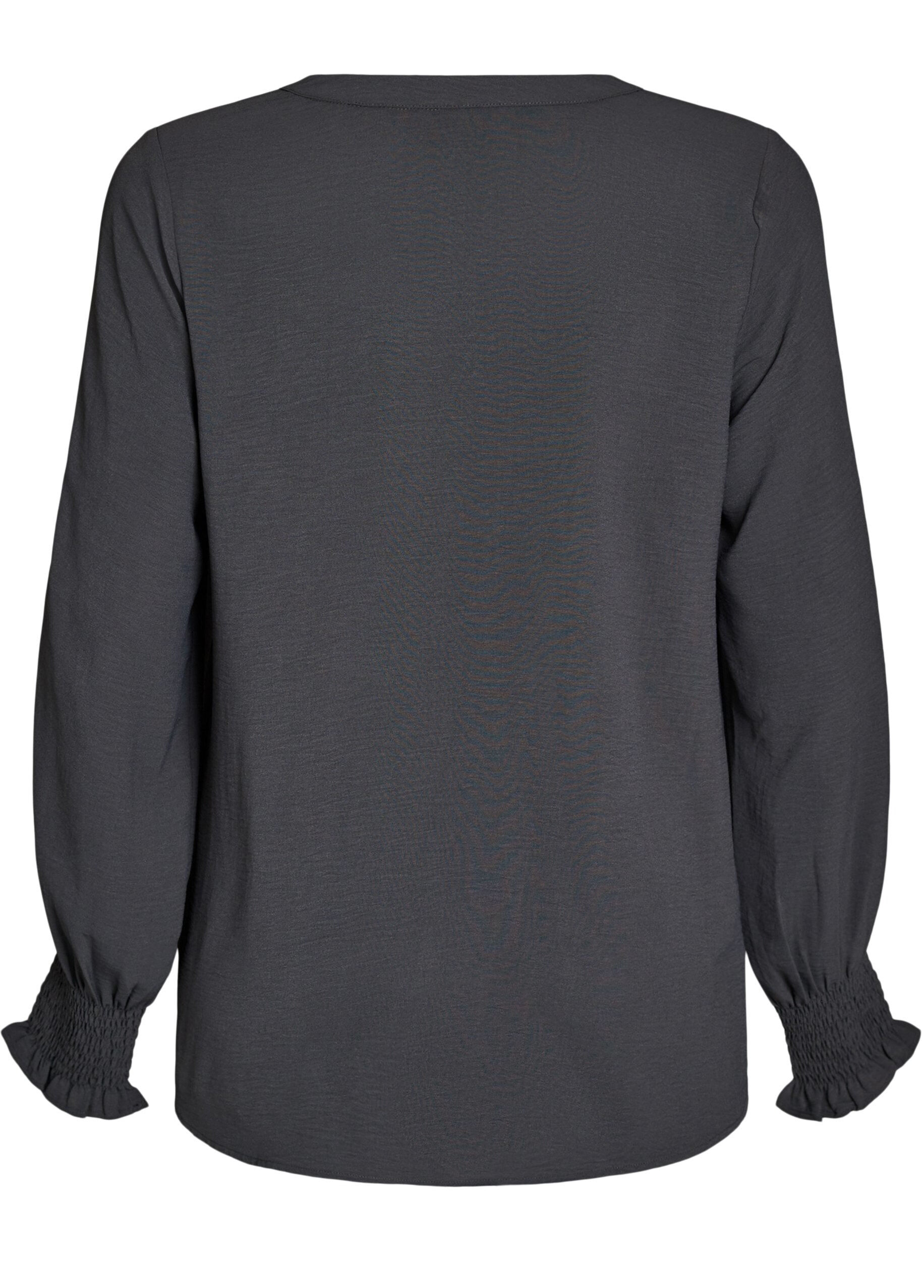 ZizziBluse med smock manchetter og V-udsk&aelig;ring, Gr&aring;, Packshot image number 1