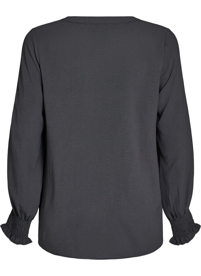 Bluse med smock manchetter og V-udsk&aelig;ring, Gr&aring;, Packshot image number 1