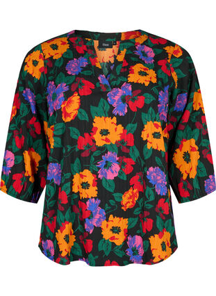 Blomstret bluse med 3/4 ærmer, Multi Flower AOP, Packshot image number 0