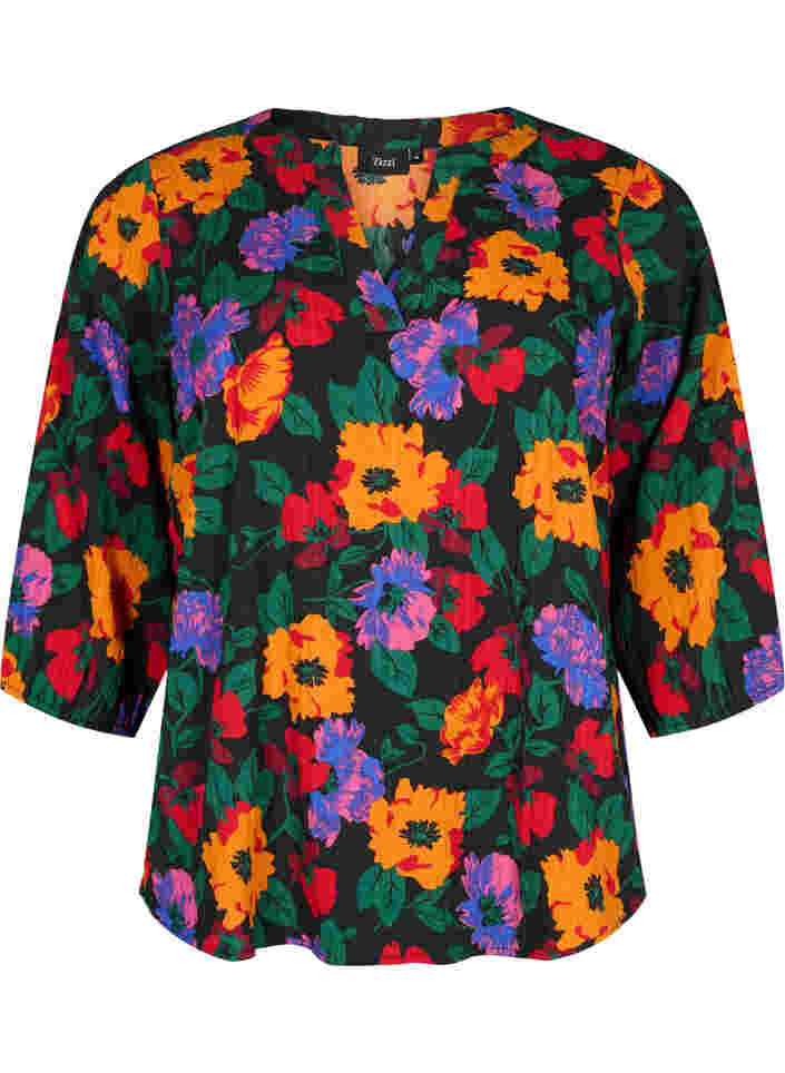 Blomstret bluse med 3/4 ærmer, Multi Flower AOP, Packshot image number 0