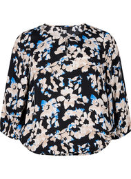 Viskosebluse med print og smock, Sort