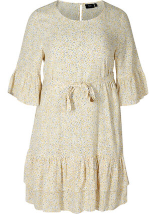 Printet viskose kjole med bindebånd i taljen, Yellow AOP Flower, Packshot image number 0