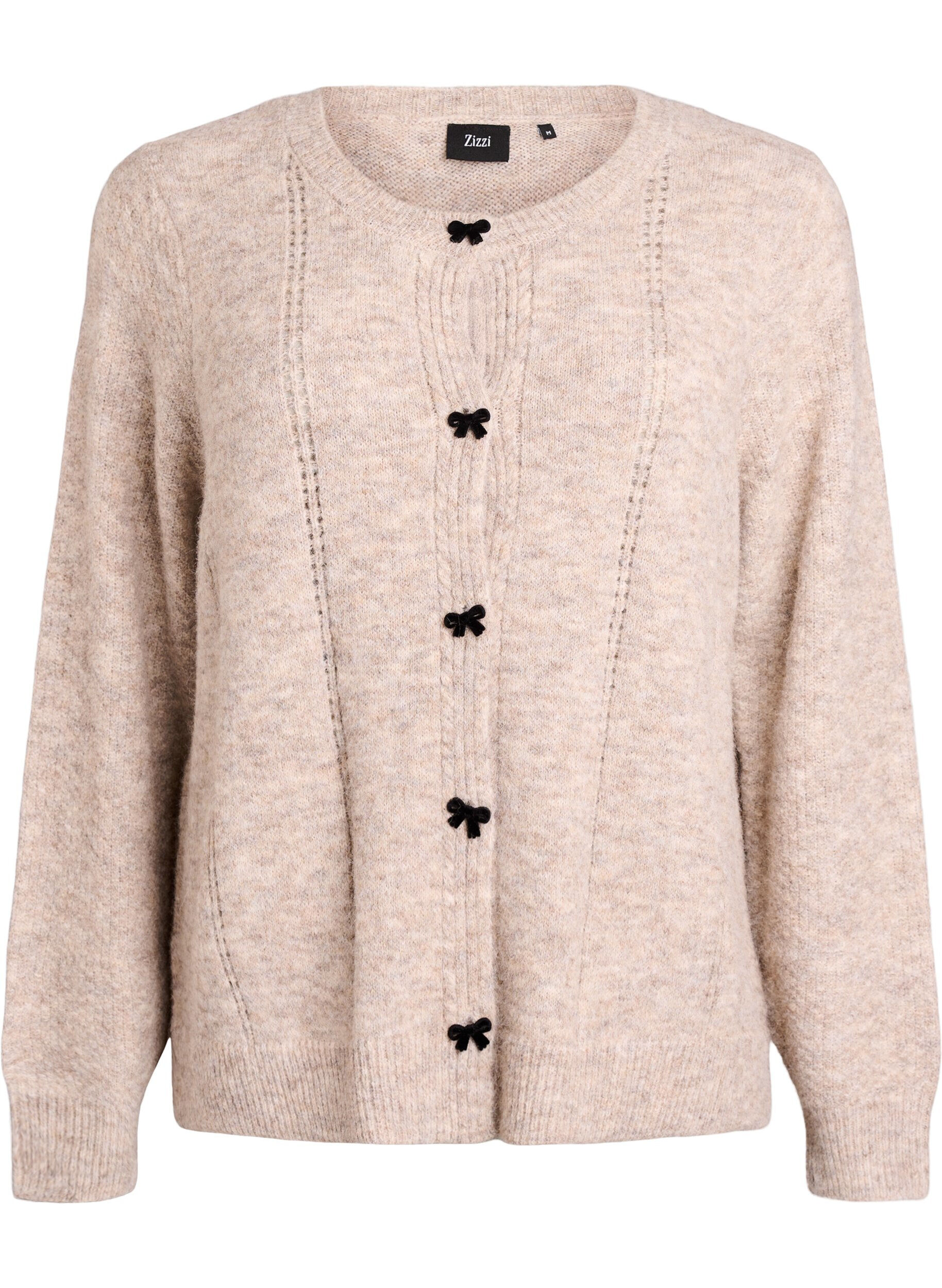 ZizziCardigan med sl&oslash;jfeknapper og hulm&oslash;nster, Beige, Packshot image number 0