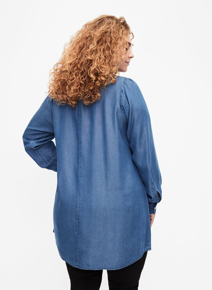 Langærmet tunika i TENCEL™ Lyocell , Medium Blue denim, Model image number 1