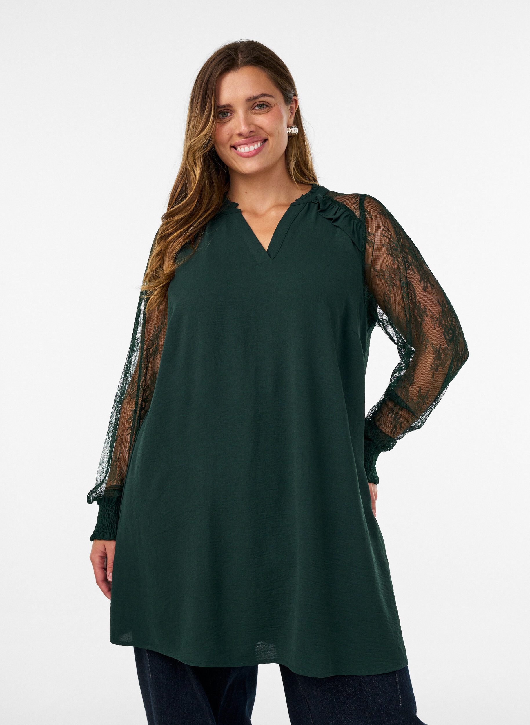 ZizziTunika med transparente blonde&aelig;rmer, Gr&oslash;n, Model image number 0