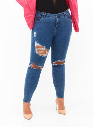 Tætsiddende jeans med sliddetaljer, Blue denim, Model image number 2
