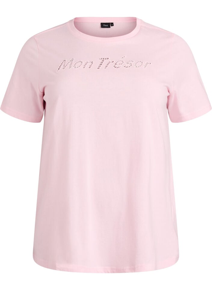 Bomulds t-shirt med dekorativ frontdetalje, Lyser&oslash;d, Packshot image number 0