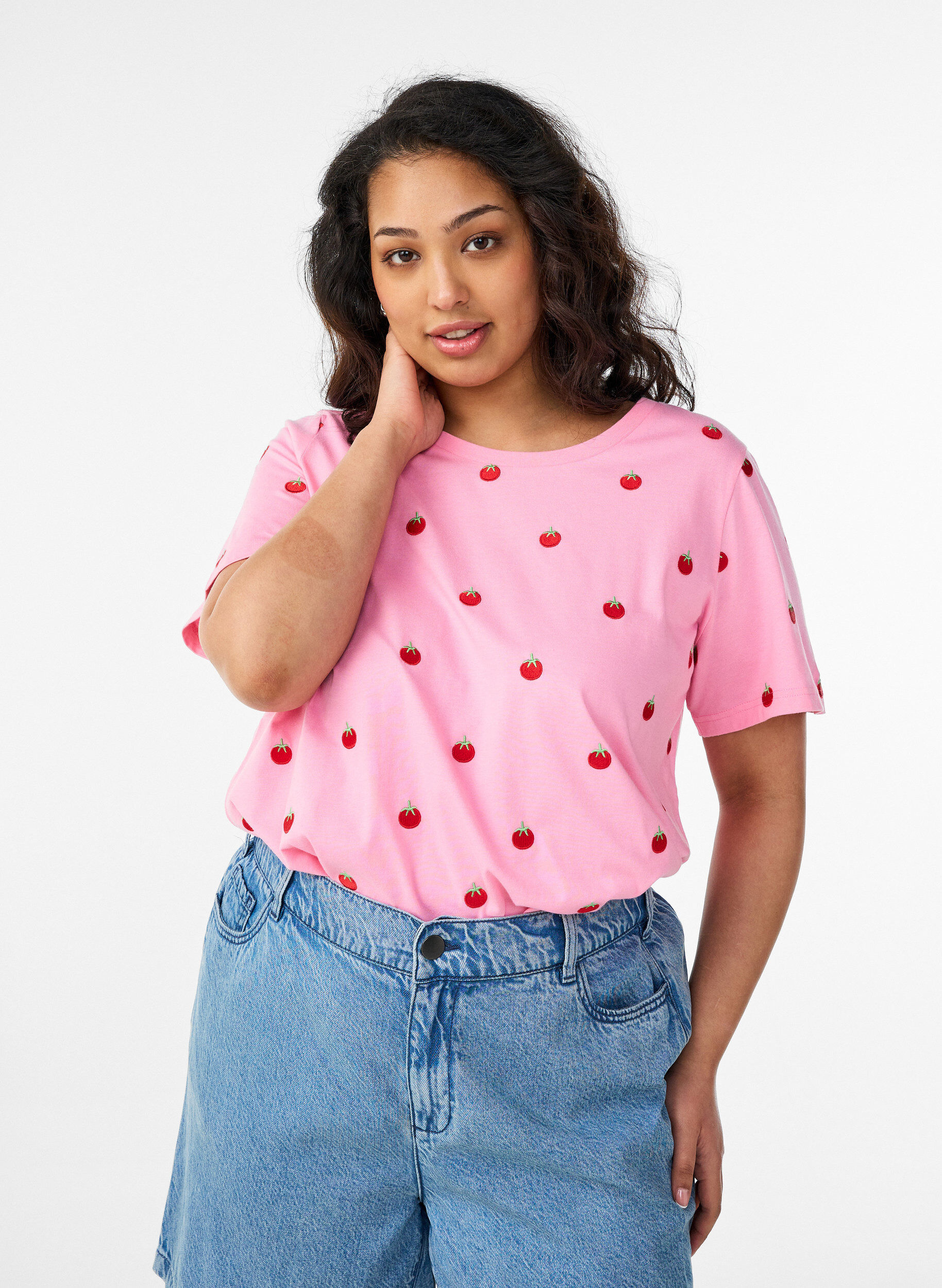 ZizziT-shirt i &oslash;kologisk bomuld med broderede motiver, Lyser&oslash;d, Model image number 0