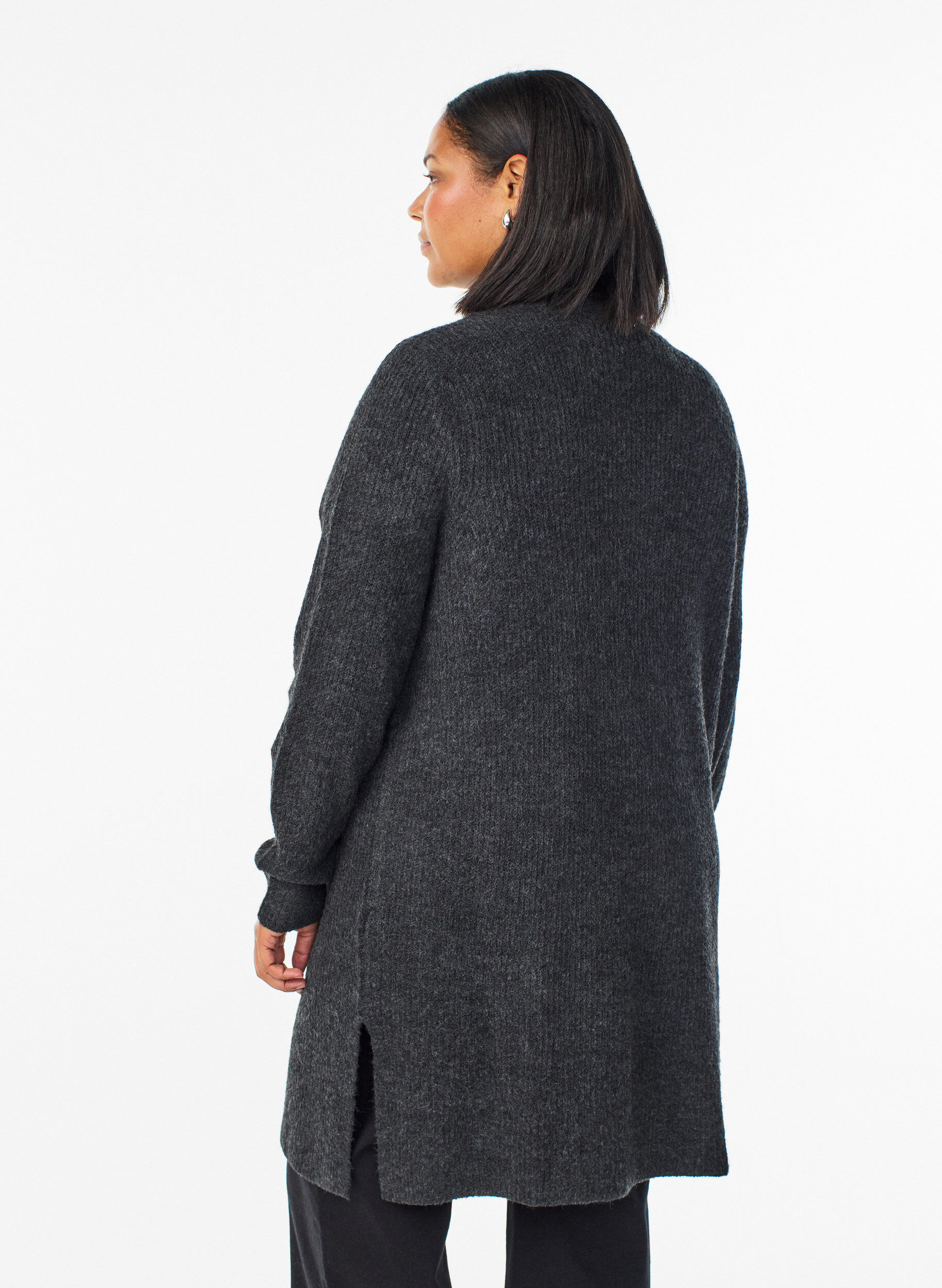 Zizzi Lang ribstrikket cardigan med &aring;ben front, Gr&aring;, Model image number 2