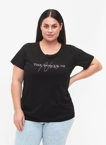 Kortærmet bomulds t-shirt med elastikkant, Black W. Now, Model image number 0