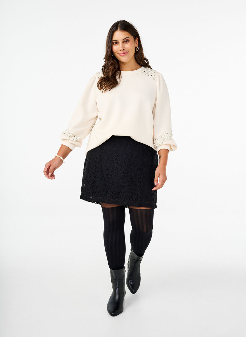 Sweatshirt med perledetaljer, Buttercream, Model image number 3