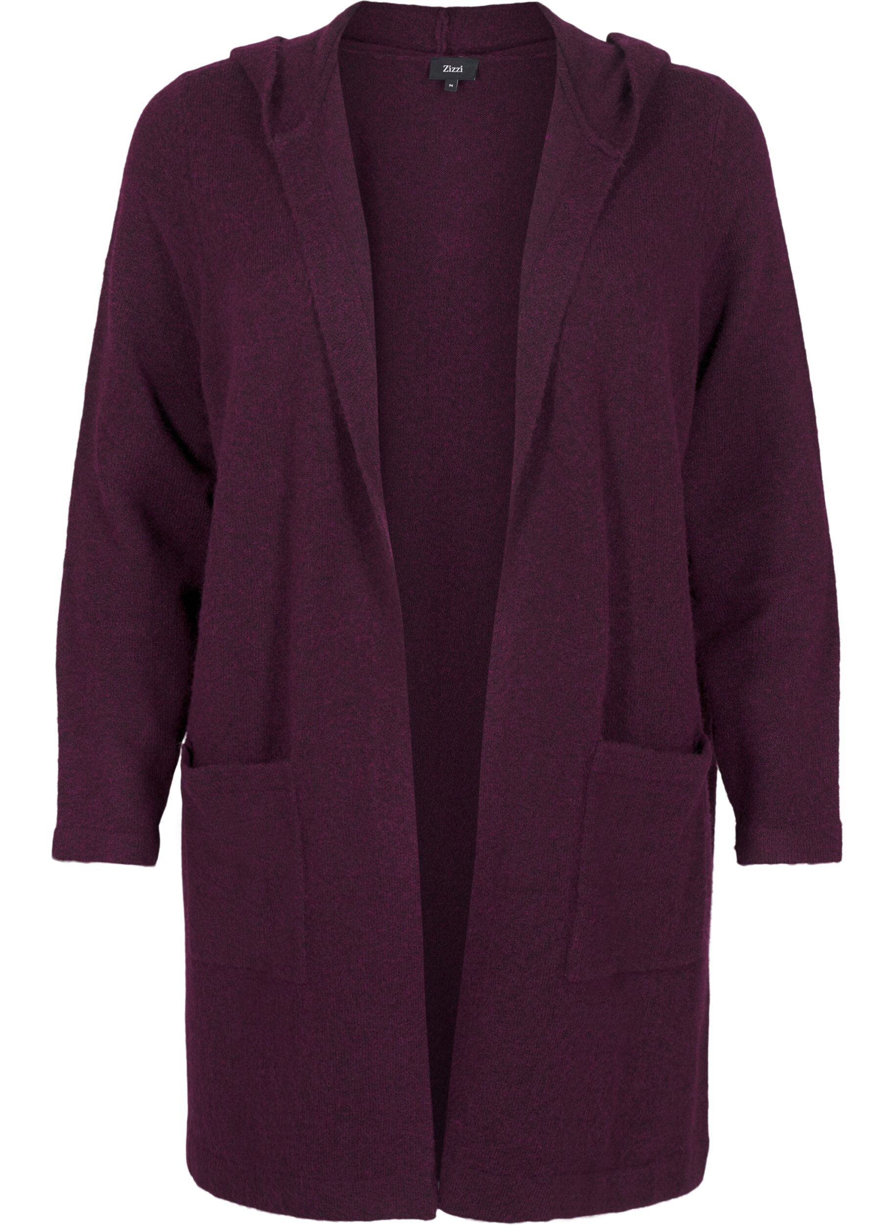 Zizzi Lang strik cardigan med uld og h&aelig;tte, Potent Purple Mel., Packshot image number 0