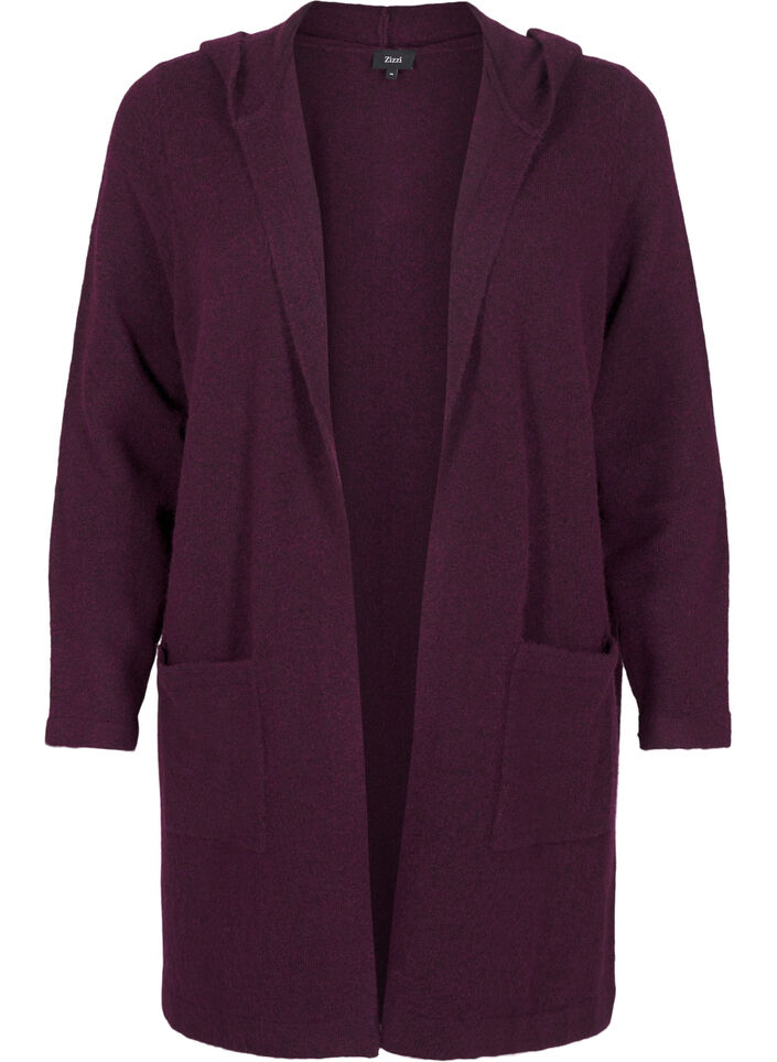 Lang strik cardigan med uld og hætte, Potent Purple Mel., Packshot image number 0