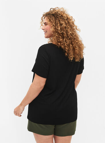 Viskose t-shirt med rib og v-hals, Black, Model image number 1