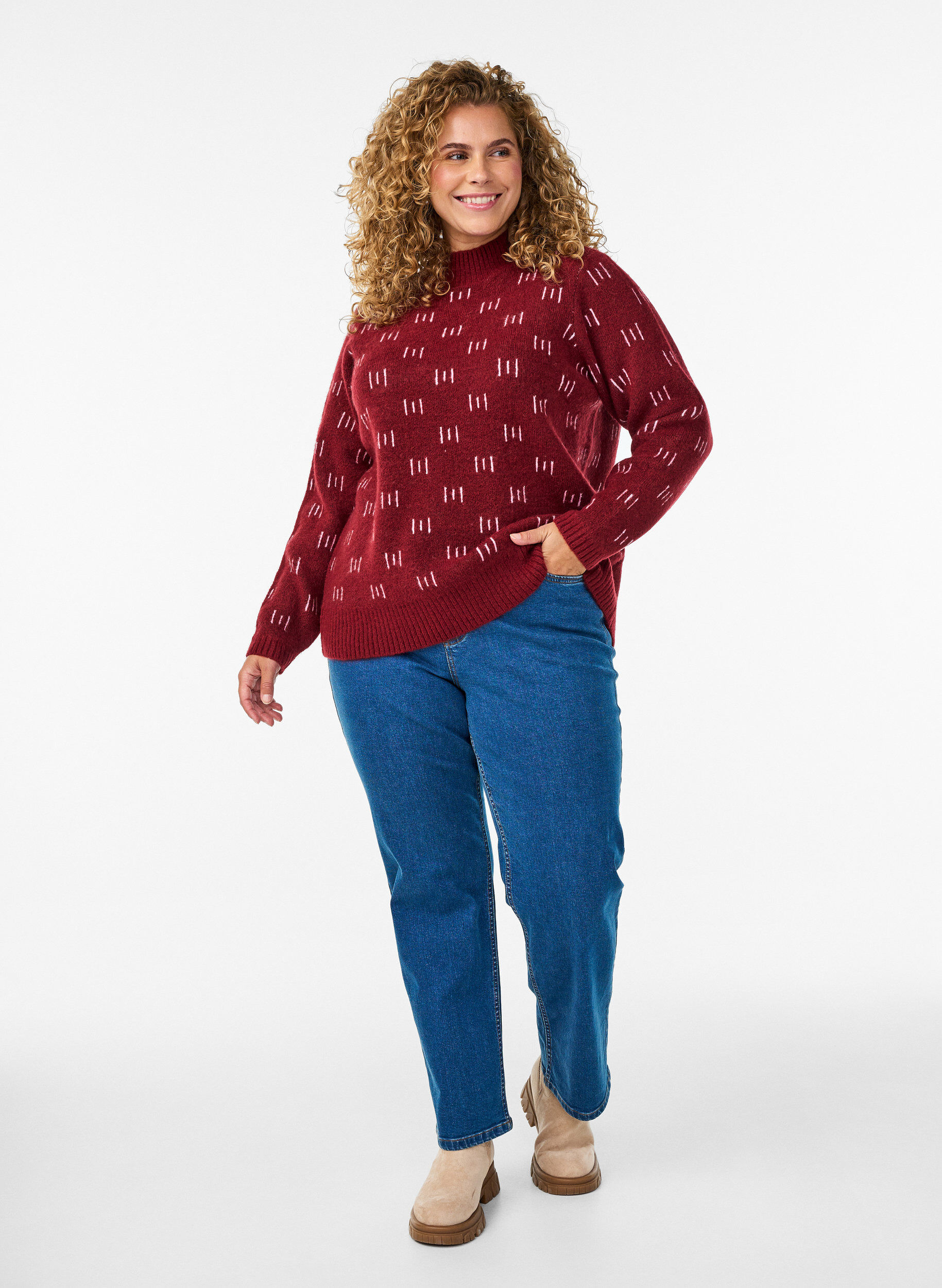 Zizzi Strikbluse med m&oslash;nster og h&oslash;j hals, M&oslash;rk Bordeaux, Model image number 1