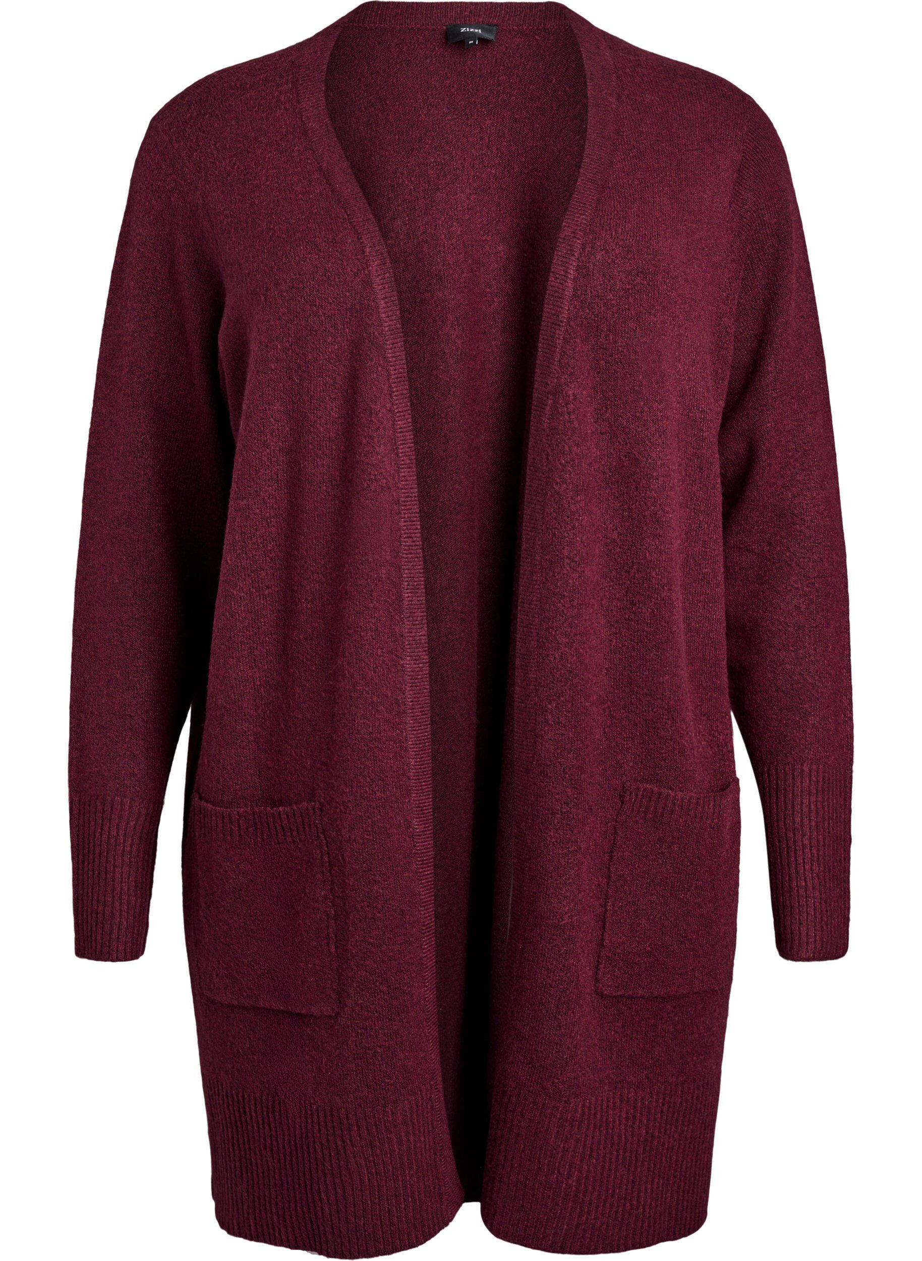 Zizzi Meleret strik cardigan med lommer, M&oslash;rk Bordeaux, Packshot image number 0