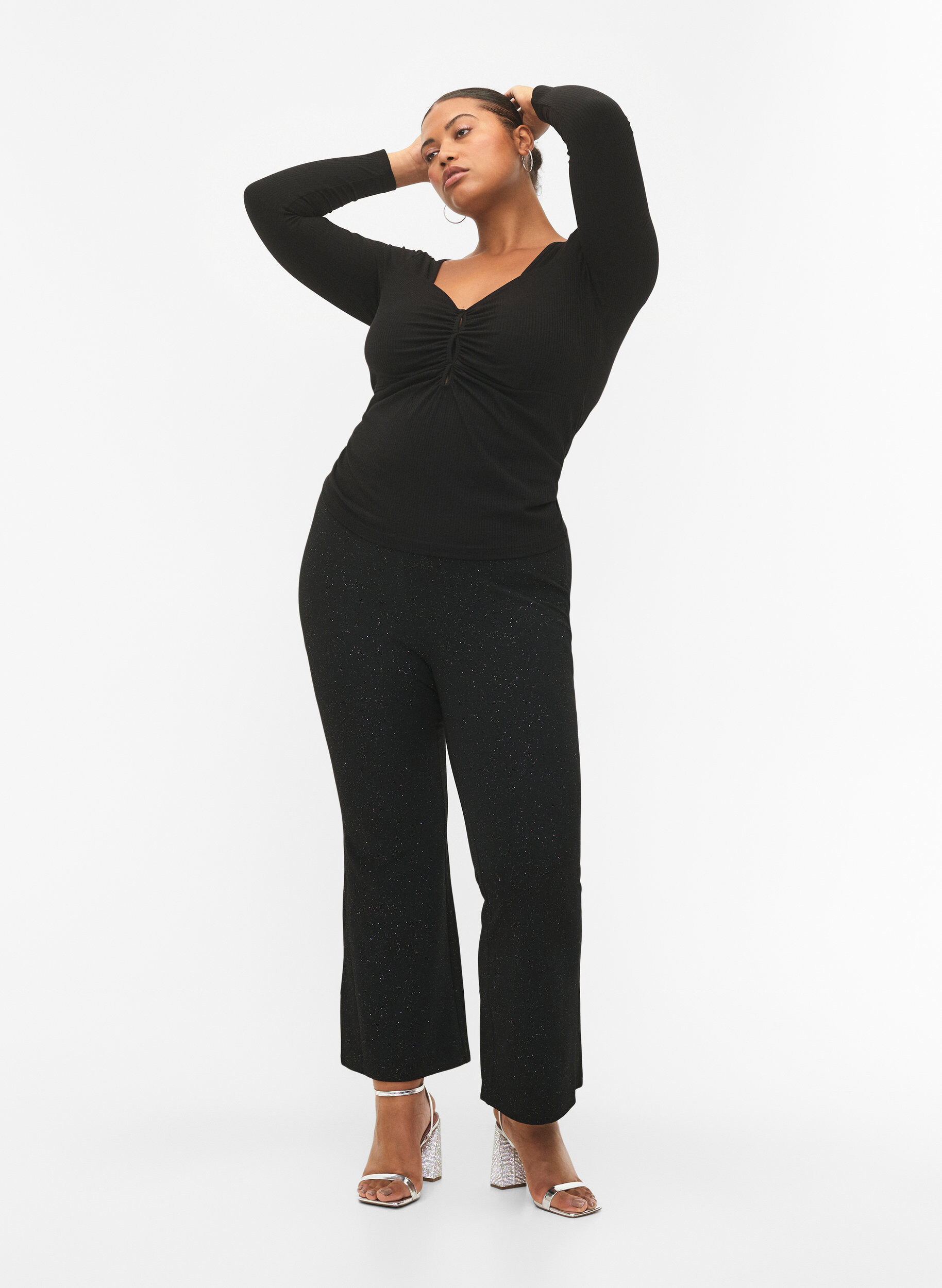 Zizzi Ribbet bluse med huldetalje, Black, Model image number 3