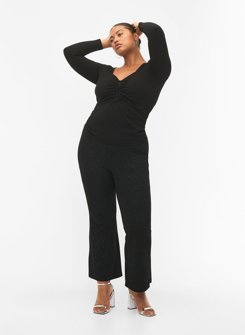 Ribbet bluse med huldetalje, Black, Model image number 3