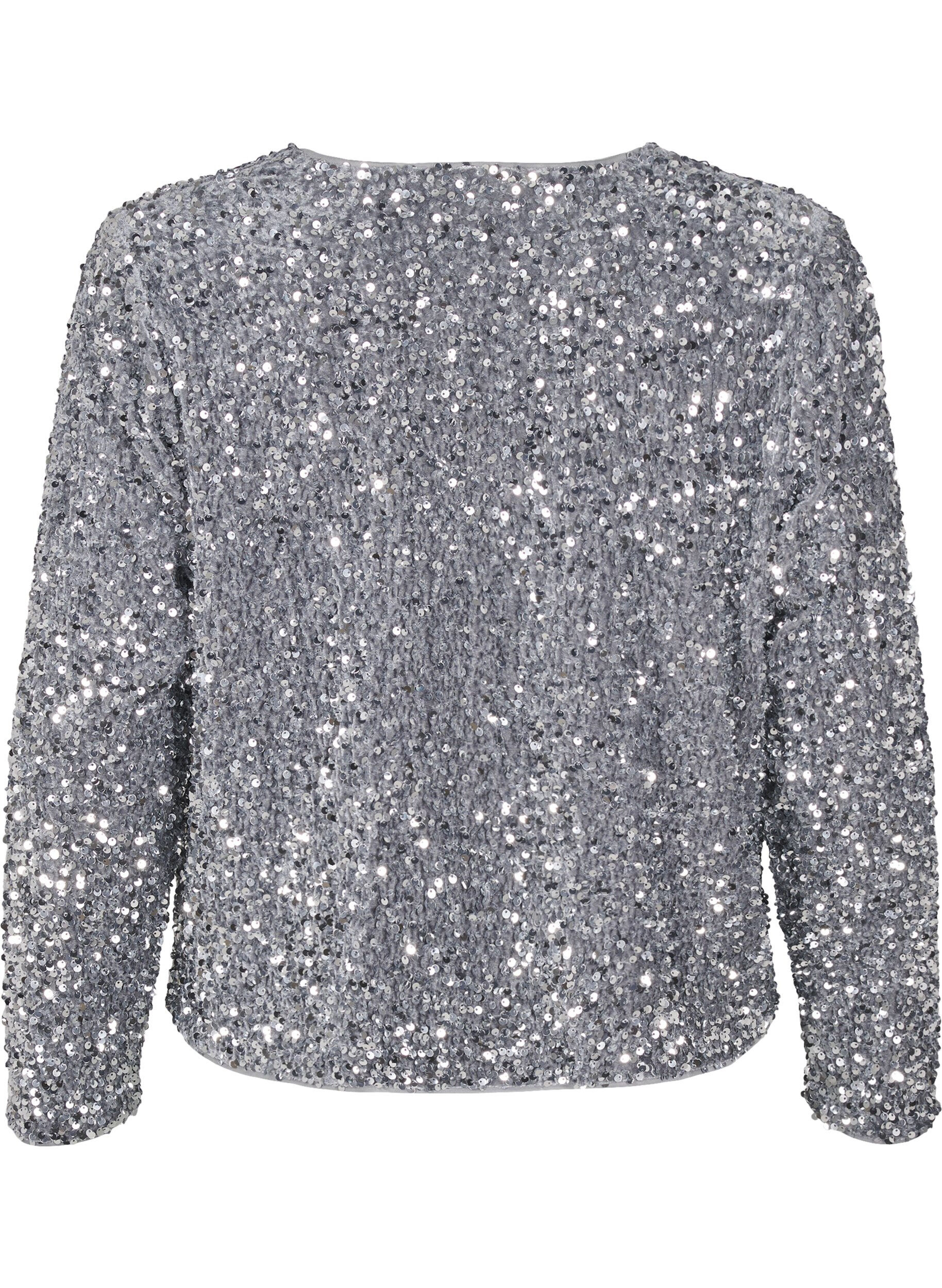 Zizzi Paillet bluse med bindedetaljer, Silver, Packshot image number 1