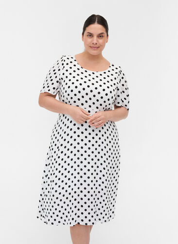 Kortærmet viskose kjole med prikker, White w. Black Dot, Model image number 0