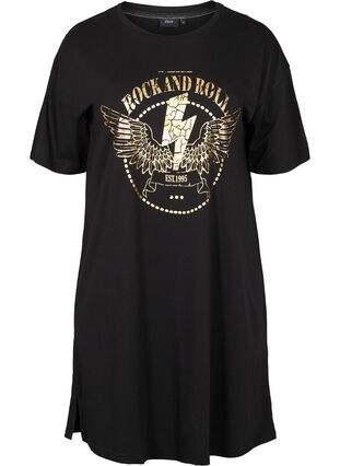T-shirt kjole i bomuld med printdetaljer, Black w. Gold, Packshot image number 0