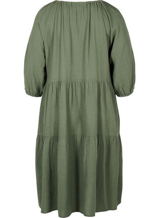 Bomulds kjole med 3/4 ærmer og bindedetalje, Thyme, Packshot image number 1