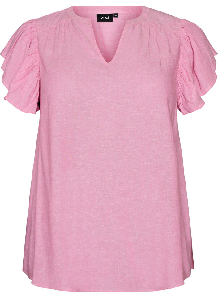 Bluse i viskose og h&oslash;r med fl&aelig;se&aelig;rmer, Lyser&oslash;d, Packshot image number 0