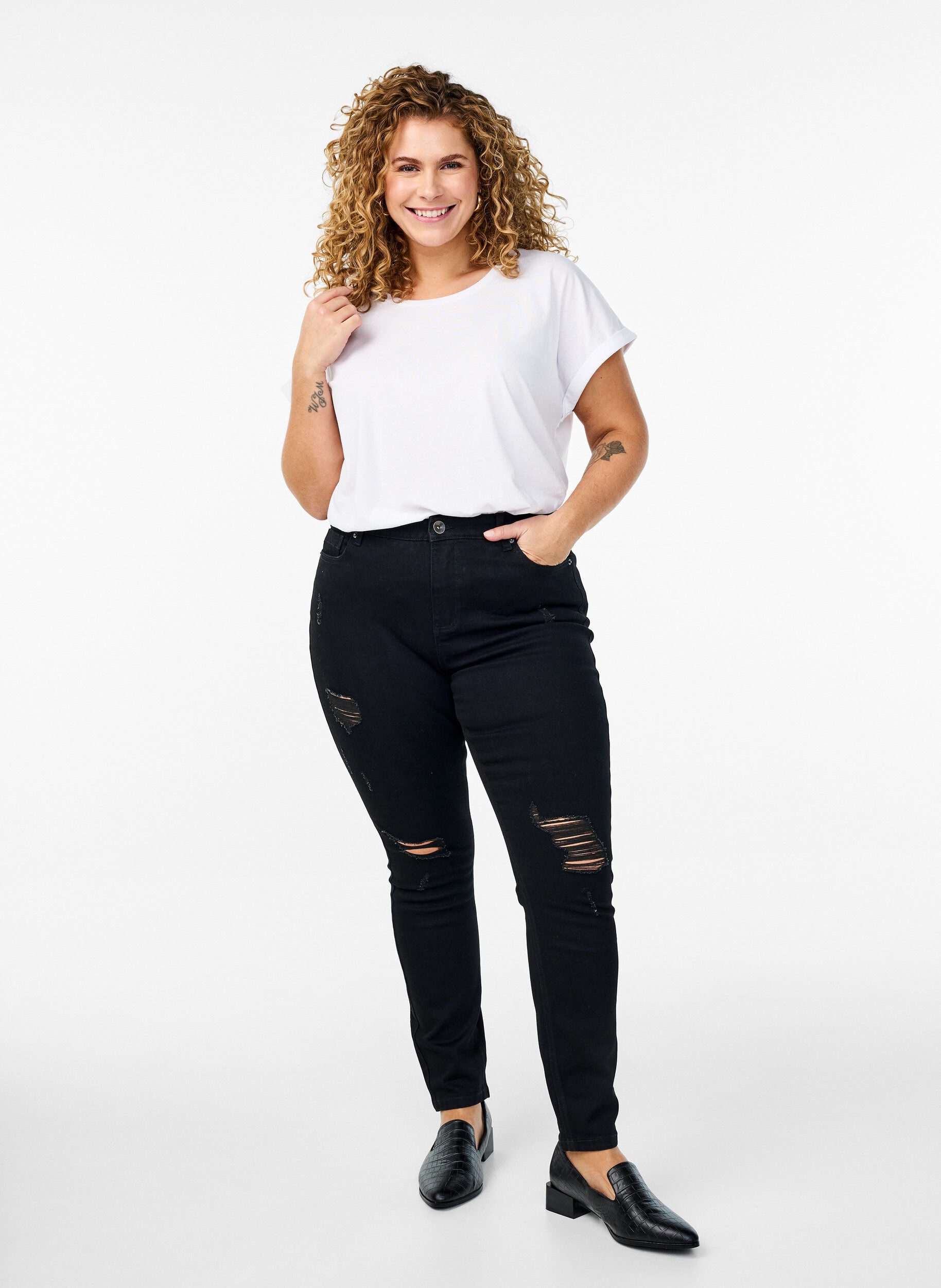 Zizzi Kort&aelig;rmet t-shirt i bomuldsblanding, Hvid, Model image number 1