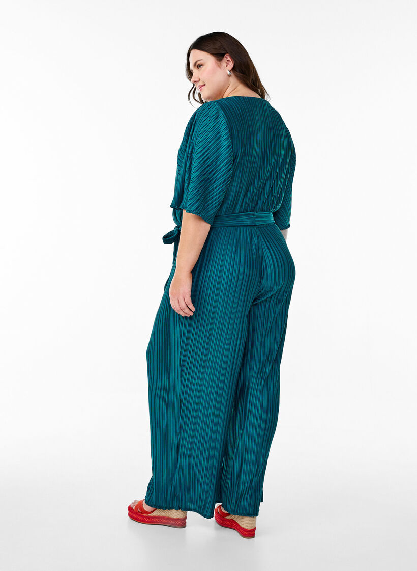 Plisseret jumpsuit med bindebånd og vide ærmer, Blå, Model image number 1