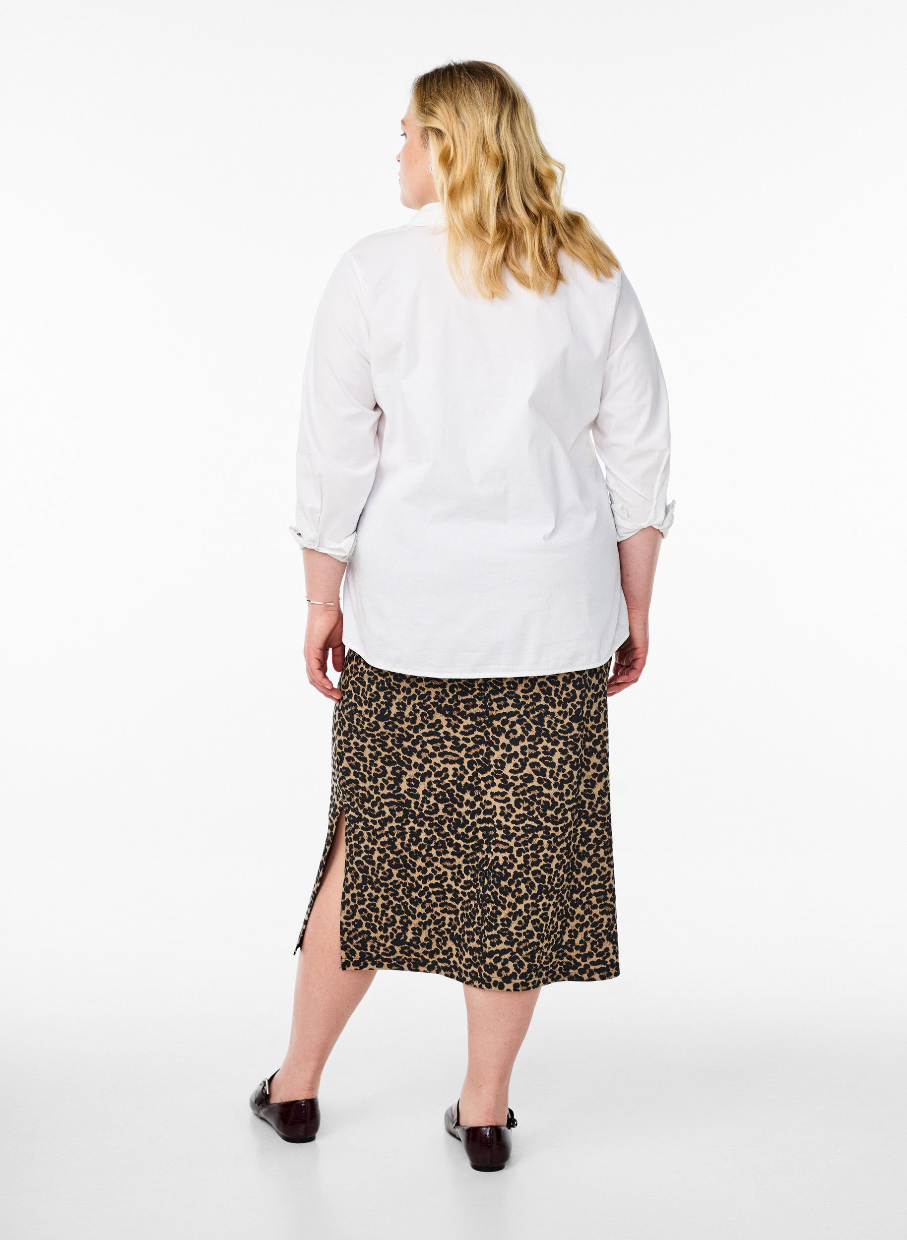 Zizzi Midinederdel med slids og leopardprint, Brun, Model image number 1