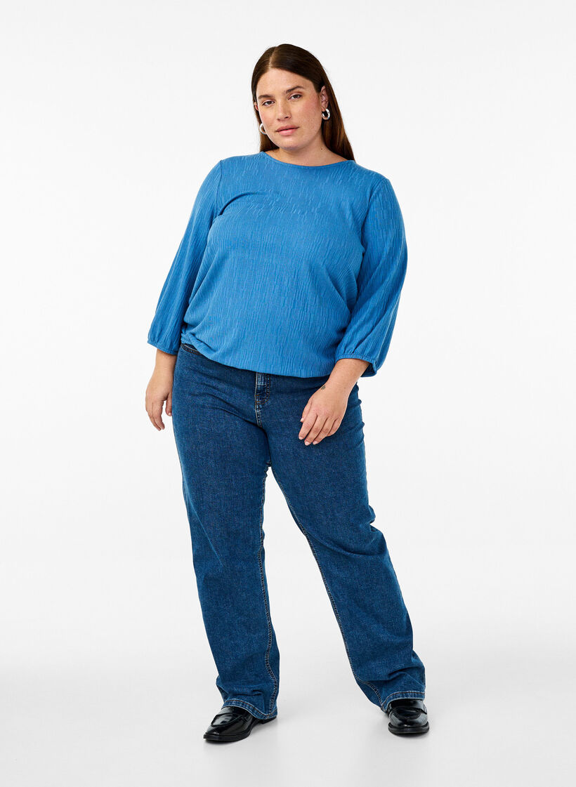 Bluse med struktur og 3/4 &aelig;rme, Bl&aring;, Model image number 1