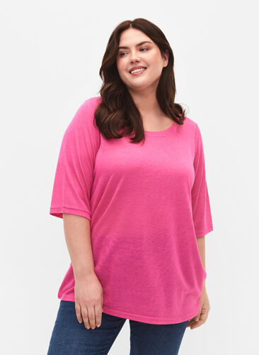 Bluse med 3/4 ærmer, Shocking Pink, Model image number 0