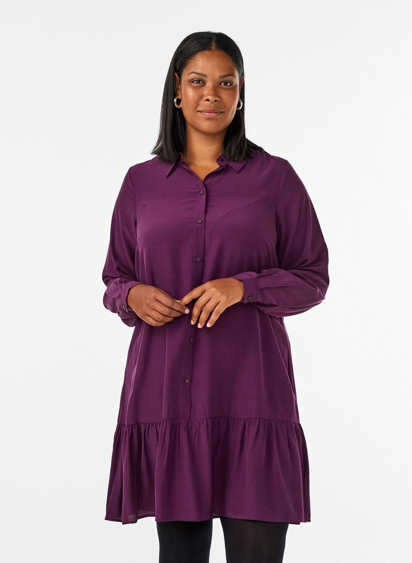 Kort skjortekjole med fl&aelig;selag, Lilla, Model image number 0