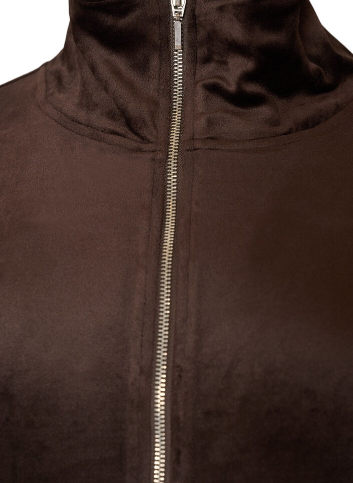 Cardigan i bl&oslash;d velour med lynl&aring;s og h&oslash;j krave, Brun, Packshot image number 2